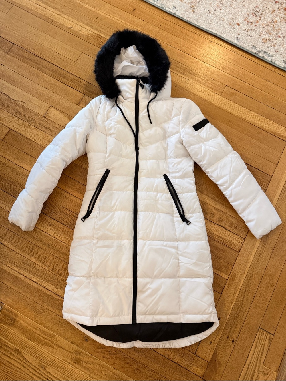 Karl Lagerfeld White Long Puffer Coat with Black Trim and Hood Fur